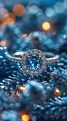 Poster - Sparkling blue gemstone ring surrounded by decorative blue tinsel and soft bokeh lights in a festive setting