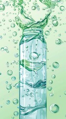Poster - Refreshing water splash captured in a clear bottle surrounded by bubbles in a vibrant green background