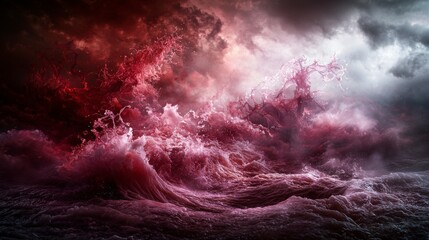 Leinwandbilder - Purplered waves burst through fog nature's fury ocean scene dark stormy skies dramatic perspective