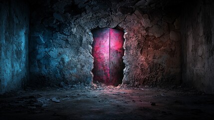 Leinwandbilder - Shadows of hope a fractured doorway to colorful possibilities abandoned space digital art dim light