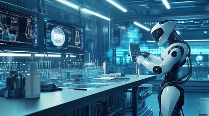 Poster - Advanced Robotics in a Futuristic Laboratory Setting: A White Robot Uses a Tablet Computer Amidst High-Tech Equipment and Monitors Displaying Complex Data