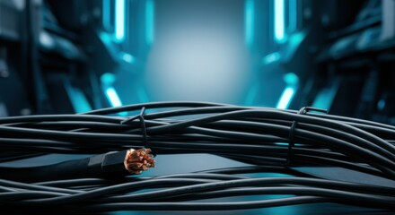 Close-up of cut electrical cables in high-tech server room environment