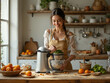 © Marcos - Rustic Kitchen Scene: Happy Young Woman Cooking with Fresh Greens in Sunlit Room