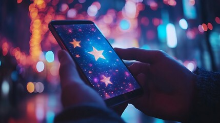 Poster - Person holding phone displaying glowing stars at night.