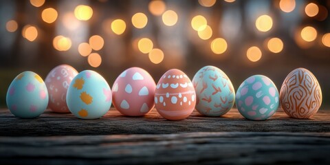 Colorful decorated eggs arranged on a wooden surface with twinkling lights in the background during a spring celebration