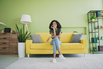 Full length portrait of nice young girl sitting sofa chill green interior living room flat indoors