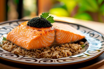 Wall Mural - Delightful salmon fillet served with rice and garnished with caviar in a vibrant setting