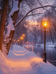 Wall Mural - Street Light on Snowy Road