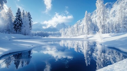 Wall Mural - Snowy Forest with Lake