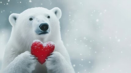 Wall Mural - Polar bear holding a red heart in snowy winter scene.