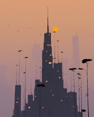 Poster - Urban sunset silhouette city skyline digital artwork futuristic environment aerial view serenity concept