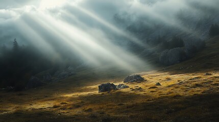 Canvas Print - Sunbeams illuminate a misty mountain meadow with rocks and sparse vegetation.