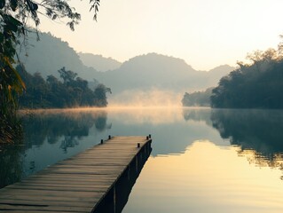 Wall Mural - Lake dock with surrounding trees