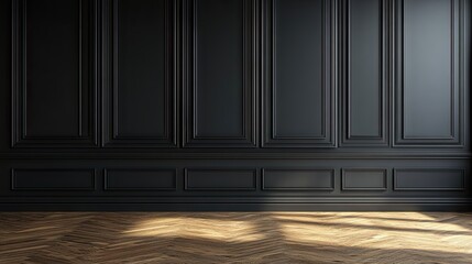 Poster - A sleek black-walled room with intricate panel designs and warm wooden flooring, minimal and sophisticated.