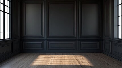 Wall Mural - A sleek black-walled room with intricate panel designs and warm wooden flooring, minimal and sophisticated.