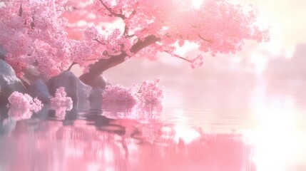 Wall Mural - Serene pink cherry blossoms reflected in calm water.