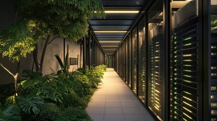 Poster - A state-of-the-art server farm designed with sustainability in mind, featuring energy-efficient hardware and plants.
