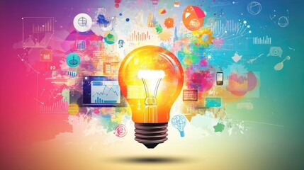 Poster - A visually compelling business startup concept with a glowing lightbulb, marketing symbols, and creative energy.