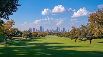 Wall Mural - a wide-angle shot of an open grassy park with a few scattered trees and a distant city skyline.