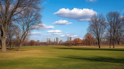 Wall Mural - a wide-angle shot of an open grassy park with a few scattered trees and a distant city skyline.