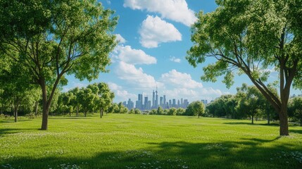 Wall Mural - a wide-angle shot of an open grassy park with a few scattered trees and a distant city skyline.