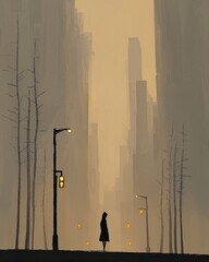 Poster - Solitary figure gazing at urban landscape city street digital art foggy atmosphere low angle isolation