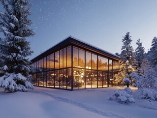 Wall Mural - snowy forest with glass building