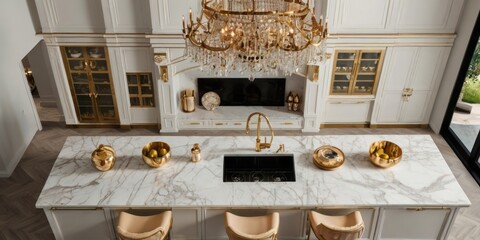 Elegant kitchen showcases white cabinets marble island and crystal chandelier