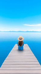 Wall Mural - Woman relaxes at end of dock overlooking calm water in scenic peaceful background. Generative AI