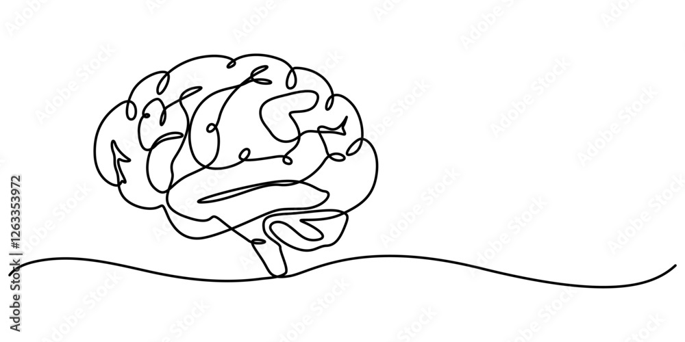 One continuous line illustration of a human brain, isolated on white ...