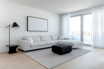 Wall Mural - Bright living room with modern sofa, lamp, and blank frame for art. Lifestyle use. Generative AI