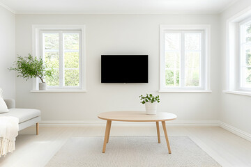 Wall Mural - Bright living room with television between two windows, plant on table, interior. Generative AI