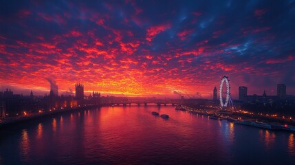 Canvas Print - London cityscape at fiery sunset over the Thames