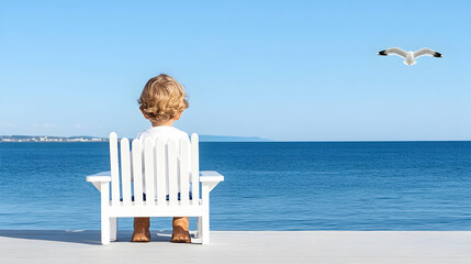 Wall Mural - Child on beach chair looking at sea and flying bird with city on horizon. Generative AI