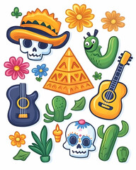 Collection of cultural Mexican style stickers used as decoration and icon set. Generative AI