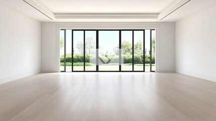 Wall Mural - Empty living room with garden view in background. Possible for interior design use. Generative AI