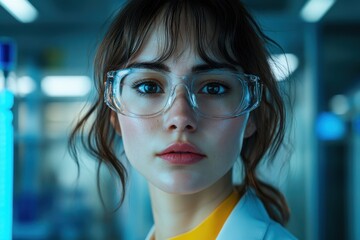 Poster - young scientist in laboratory focused on research during evening hours