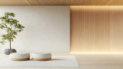 Wall Mural - Minimalist Zen interior with tree and ottoman seating against a white wall. Generative AI