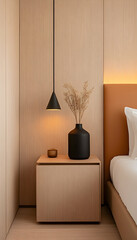 Wall Mural - Modern bedroom interior with nightstand lamp and dry grass in vase for decor. Generative AI