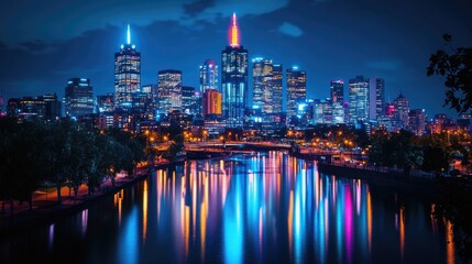 Canvas Print - City Skyline at Night from Riverbank