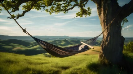 Wall Mural - Hammock slung between large tree overlooking scenic rolling hills.