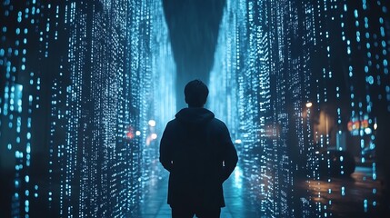 Aufkleber - Person standing in a futuristic, blue-lit city alleyway with digital data streams.