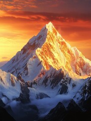 Wall Mural - Snowy Mountain Landscape with Red Sky