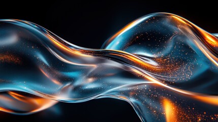 abstract transparent glass twisted ribbon with neon cyan and warm gold lines on a velvety deep black