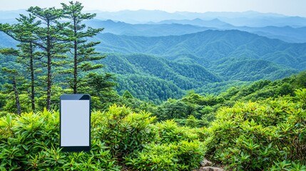 Wall Mural - Blank signpost, mountain vista, lush greenery, tranquil scene; travel brochure