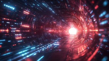 Aufkleber - Futuristic red and blue neon tunnel with bright light at the end.