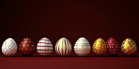 Colorful decorated eggs arranged on a deep red surface for spring celebrations and festivities