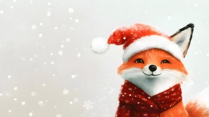 Wall Mural - Cute fox wearing Santa hat and scarf in snowy scene.