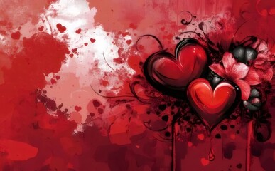 Two red hearts with flowers on a red grunge background.