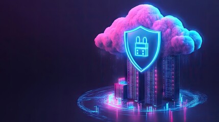 Poster - Advanced cloud computing protection with a neon blue security shield and secure server racks.